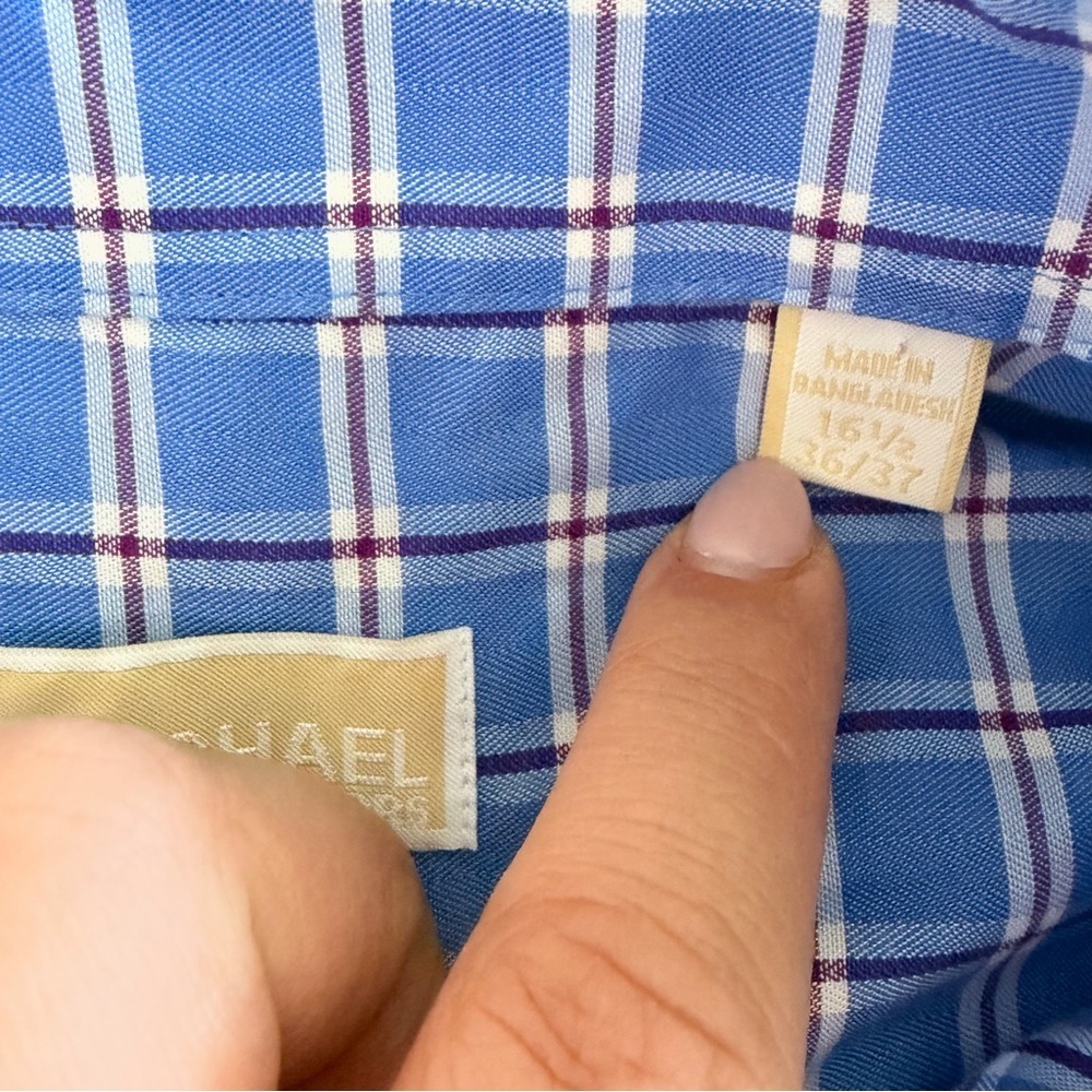 Michael Kors Blue Plaid  Button Down Non Iron Shirt 16 1/2 36/37 French Cuff Sle - Picture 4 of 7